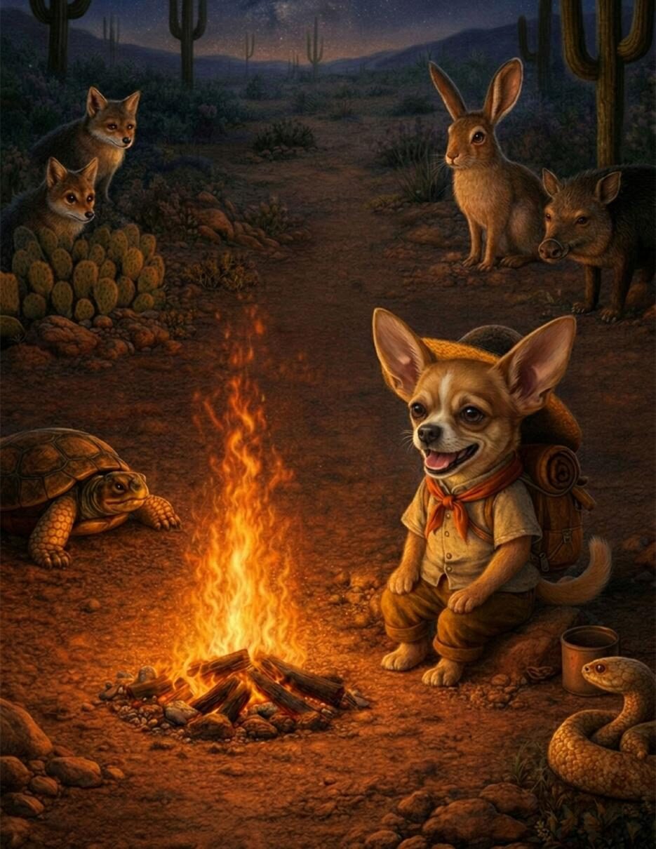 El Besito resting beside the desert campfire — The Ballad of El Besito