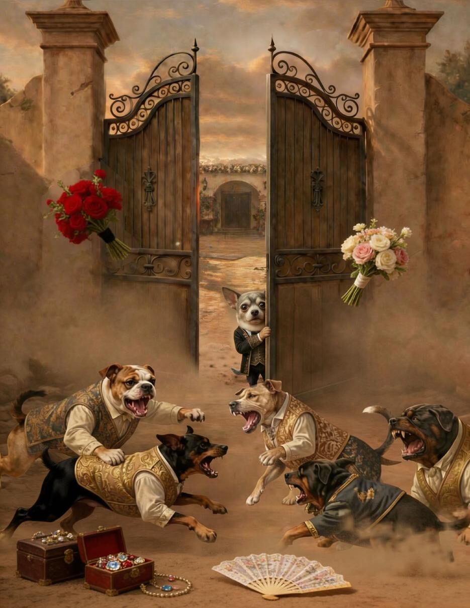 The suitors waiting outside the gate